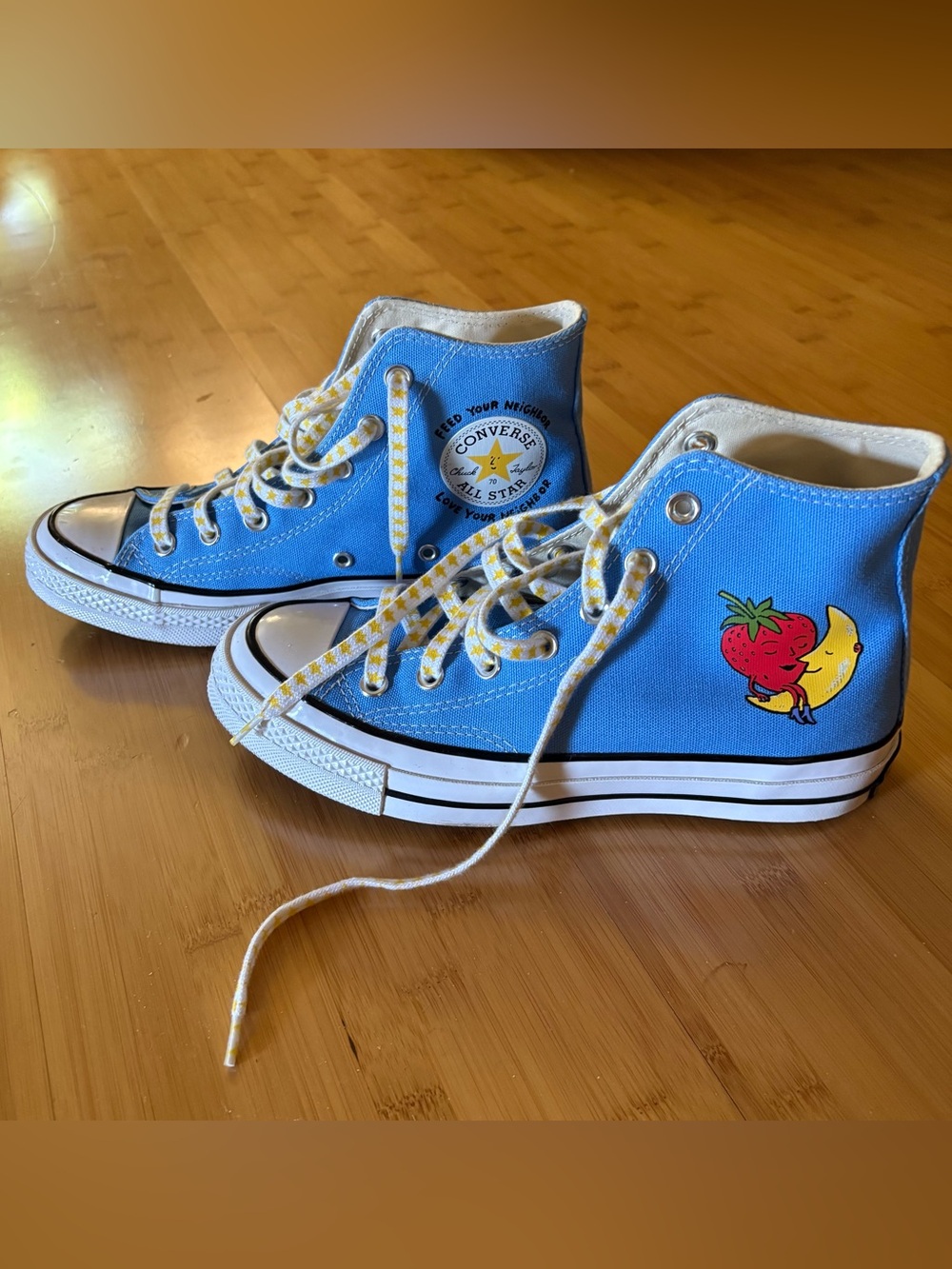 Unisex Sky High Farm Converse High Top Sneakers, light blue w strawberry graphic
